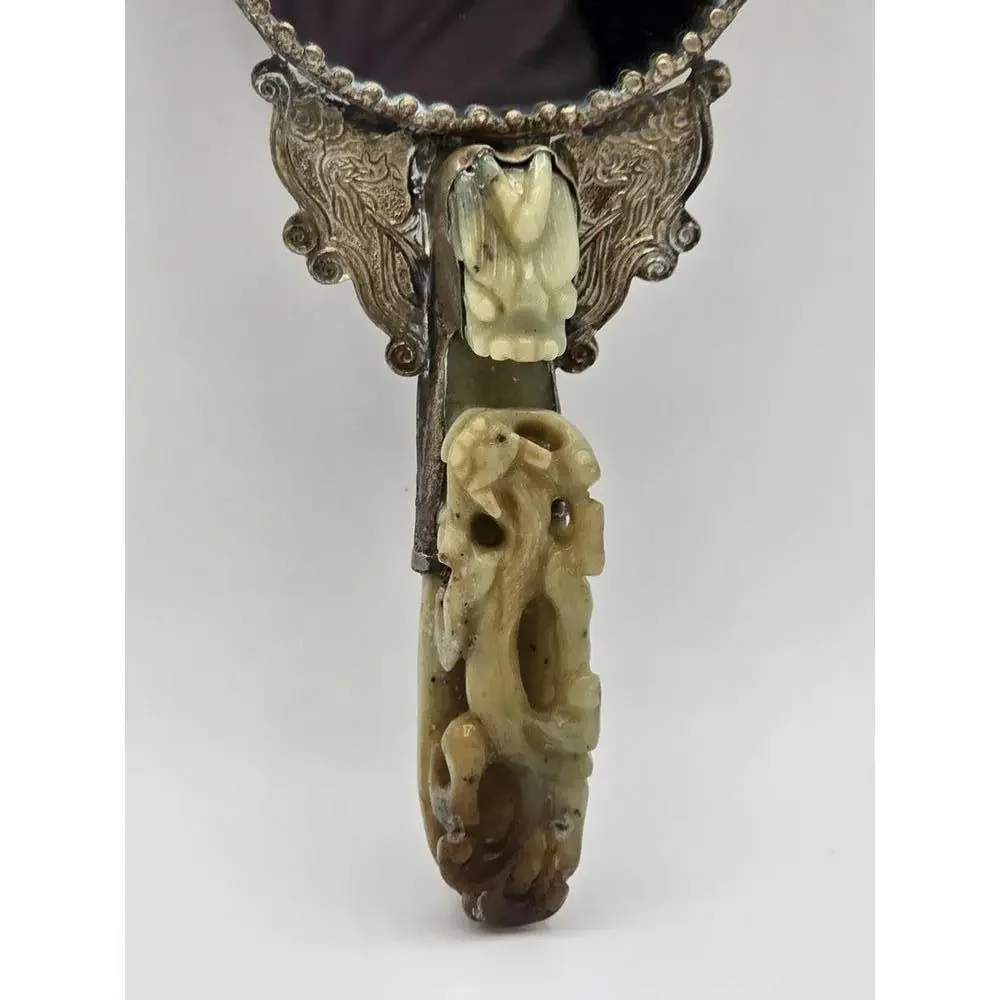 Antique Chinese Silver-plated Hand Mirror with Carved Jade Belt Hook Handle